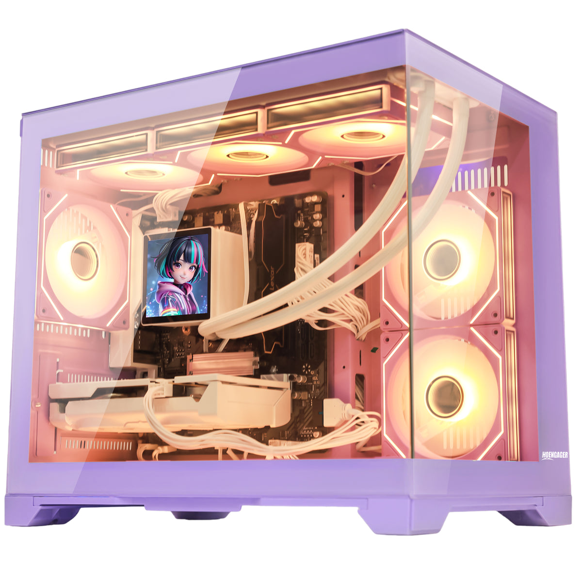 Hoengager Gaming PC RGB Color Front view auto RGB by software with purple mouse purple case Radeon RX 9070 XT 16GB AMD Ryzen 5 9600X Software Control RGB AIO LCD Cooler with Custom Images & GIFs