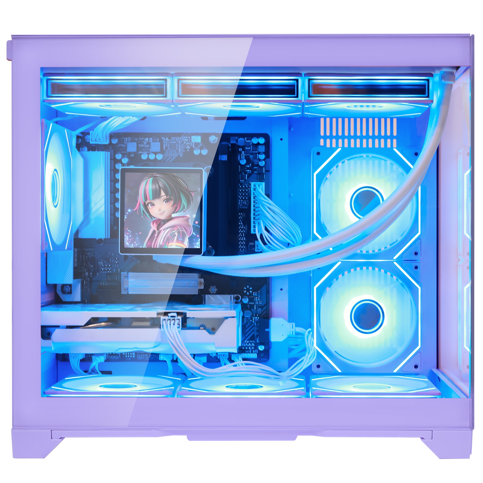 Hoengager Gaming PC RGB Color Straight Front view auto colorful RGB by software purple case Radeon RX 9070 XT 16GB AMD Ryzen 5 9600X Software Control RGB AIO LCD Cooler with Custom Images & GIFs