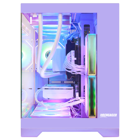 Hoengager Gaming PC RGB High-angle shot with dimensions Radeon RX 9070 XT 16GB AMD Ryzen 5 9600X Software Control RGB AIO LCD Cooler with Custom Images & GIFs