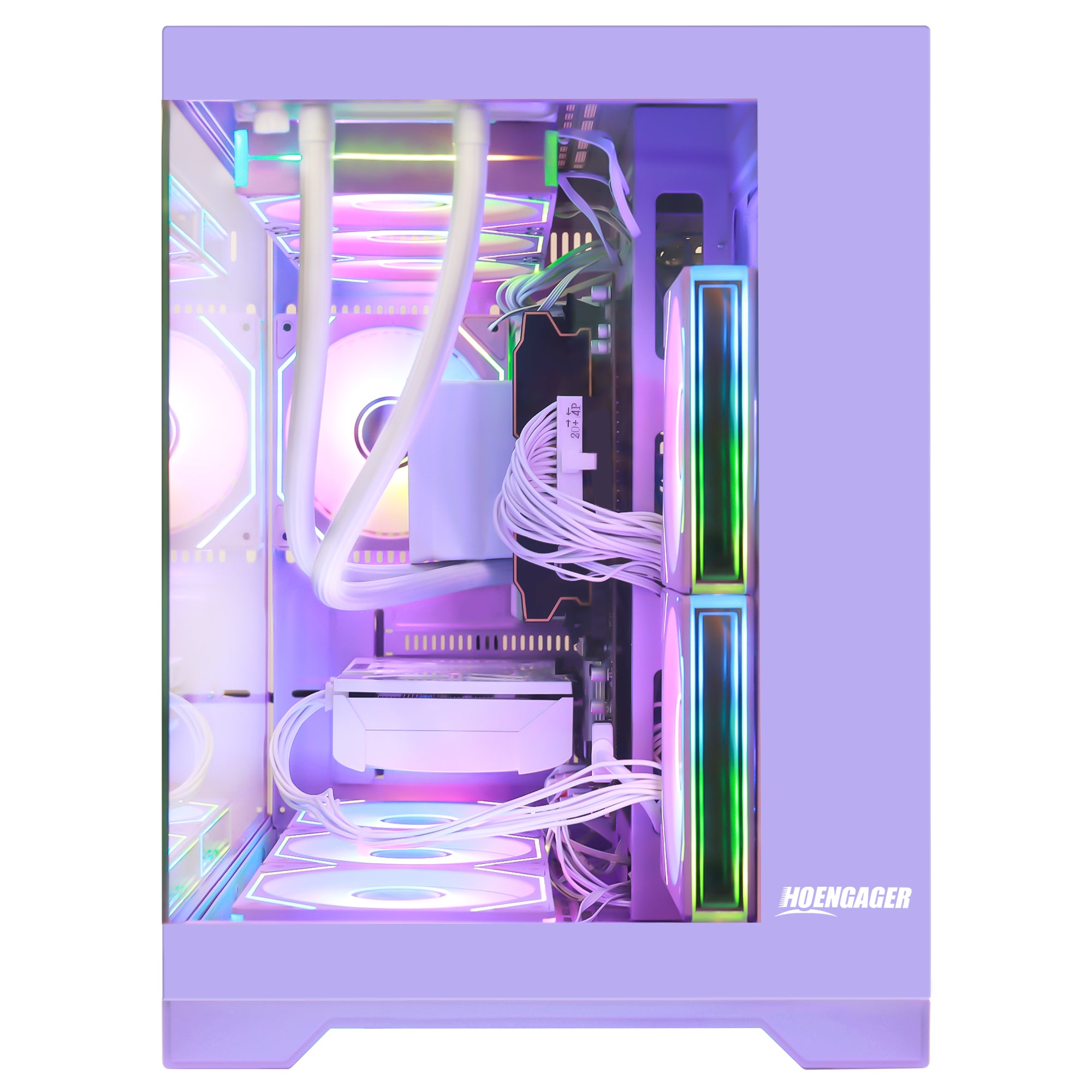 Hoengager Gaming PC RGB Color Front view auto RGB by software purple case Radeon RX 9070 XT 16GB AMD Ryzen 5 9600X Software Control RGB AIO LCD Cooler with Custom Images & GIFs