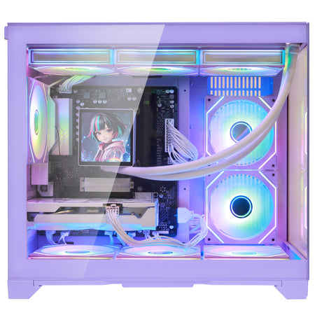 Hoengager Gaming PC RGB Color Side view auto RGB by software purple case GeForce RTX 5060 8GB AMD Ryzen 7 9700X Software Control RGB AIO LCD Cooler with Custom Images & GIFs