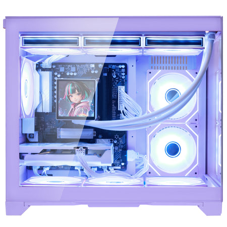 Hoengager Gaming PC RGB High-angle shot auto RGB by software purple case GeForce RTX 5060 8GB AMD Ryzen 7 9700X Software Control RGB AIO LCD Cooler with Custom Images & GIFs