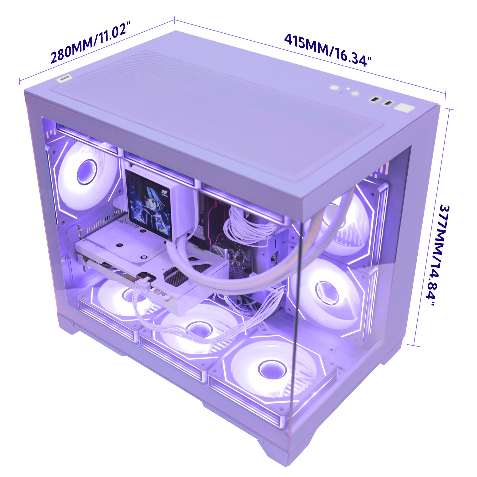 Hoengager Gaming PC RGB Color Front view auto RGB by software purple case GeForce RTX 5060 8GB AMD Ryzen 7 9700X Software Control RGB AIO LCD Cooler with Custom Images & GIFs