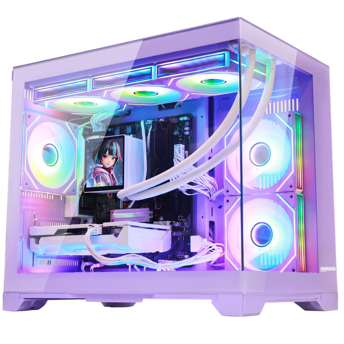 Hoengager Gaming PC RGB Color Front view auto RGB by software with purple mouse purple case GeForce RTX 5060 Ti 8GB AMD Ryzen 7 9700X Software Control RGB AIO LCD Cooler with Custom Images & GIFs