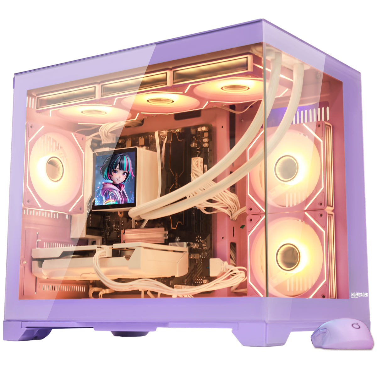 Hoengager Gaming PC RGB Color upward view auto RGB by software with purple mouse purple case GeForce RTX 5070 Ti 16GB AMD Ryzen 7 9700X Software Control RGB AIO LCD Cooler with Custom Images & GIFs