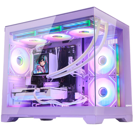 Hoengager Gaming PC RGB Color upward view auto RGB by software with purple mouse purple case Radeon RX 9060 XT 16GB AMD Ryzen 7 9700X Software Control RGB AIO LCD Cooler with Custom Images & GIFs