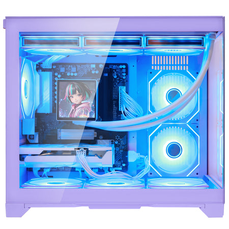 Hoengager Gaming PC RGB Color Straight Front view auto colorful RGB by software purple case Radeon RX 9060 XT 16GB AMD Ryzen 7 9700X Software Control RGB AIO LCD Cooler with Custom Images & GIFs