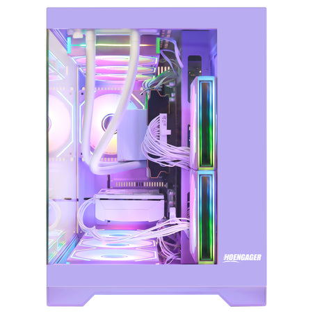 Hoengager Gaming PC RGB Color Front view auto RGB by software purple case Radeon RX 9060 XT 16GB AMD Ryzen 7 9700X Software Control RGB AIO LCD Cooler with Custom Images & GIFs