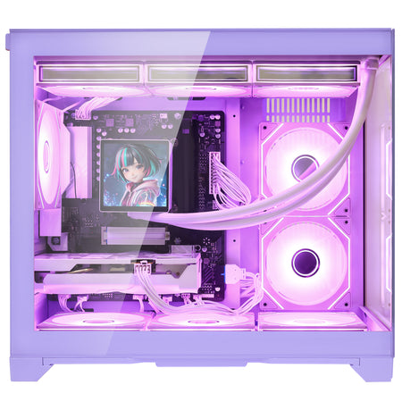 Hoengager Gaming PC RGB Color Straight Front view auto pink RGB by software purple case Radeon RX 9070 16GB AMD Ryzen 7 9700X Software Control RGB AIO LCD Cooler with Custom Images & GIFs