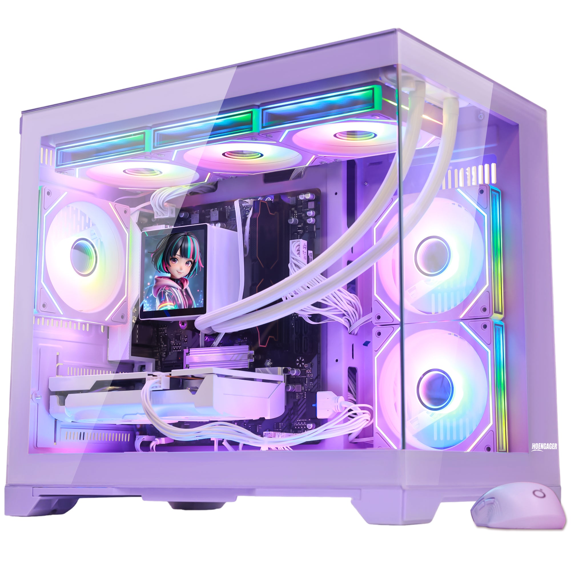 Hoengager Gaming PC RGB Color Front view auto RGB by software purple case Radeon RX 9070 XT 16GB AMD Ryzen 7 9700X Software Control RGB AIO LCD Cooler with Custom Images & GIFs