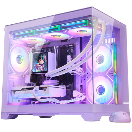 Hoengager Gaming PC RGB Color Front view auto RGB by software purple case Radeon RX 9070 XT 16GB AMD Ryzen 7 9700X Software Control RGB AIO LCD Cooler with Custom Images & GIFs