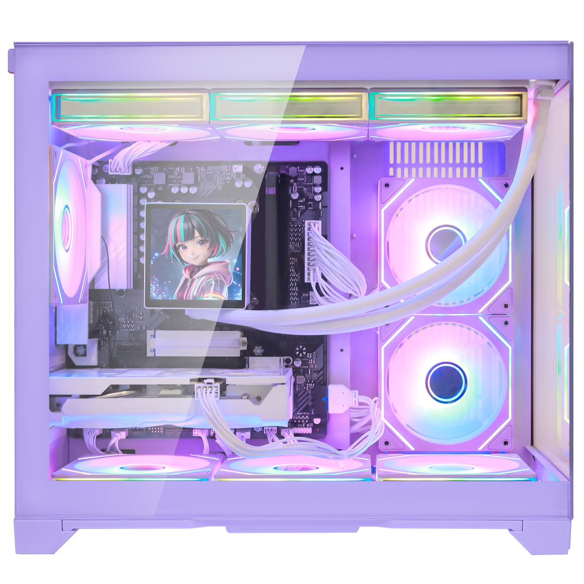 Hoengager Gaming PC RGB Color Straight Front view auto white RGB by software purple case Radeon RX 9070 XT 16GB AMD Ryzen 7 9700X Software Control RGB AIO LCD Cooler with Custom Images & GIFs