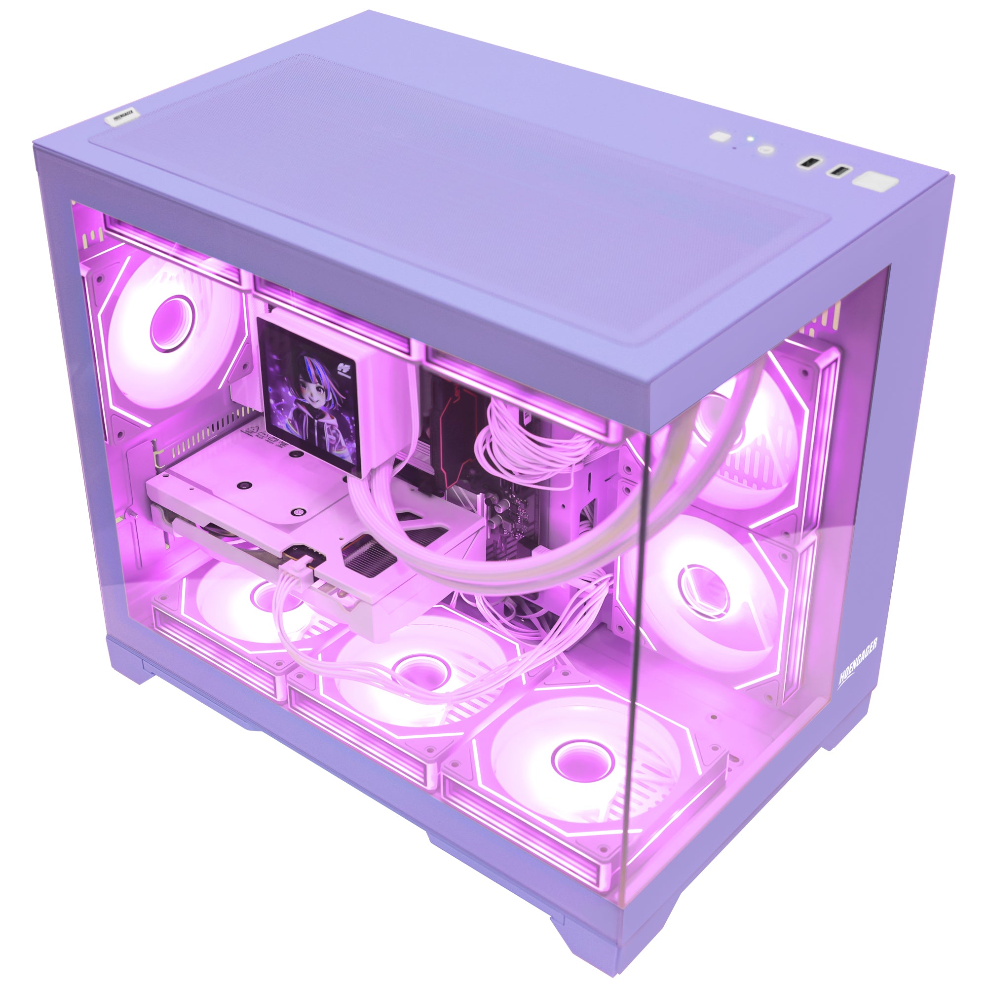 Hoengager Gaming PC RGB Color Front view auto RGB by software purple case Radeon RX 9070 XT 16GB AMD Ryzen 7 9700X Software Control RGB AIO LCD Cooler with Custom Images & GIFs