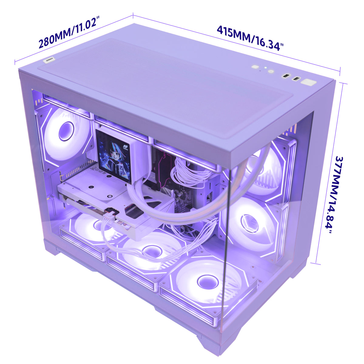 Hoengager Gaming PC RGB Color Front view auto RGB by software purple case Radeon RX 9070 XT 16GB AMD Ryzen 7 9700X Software Control RGB AIO LCD Cooler with Custom Images & GIFs