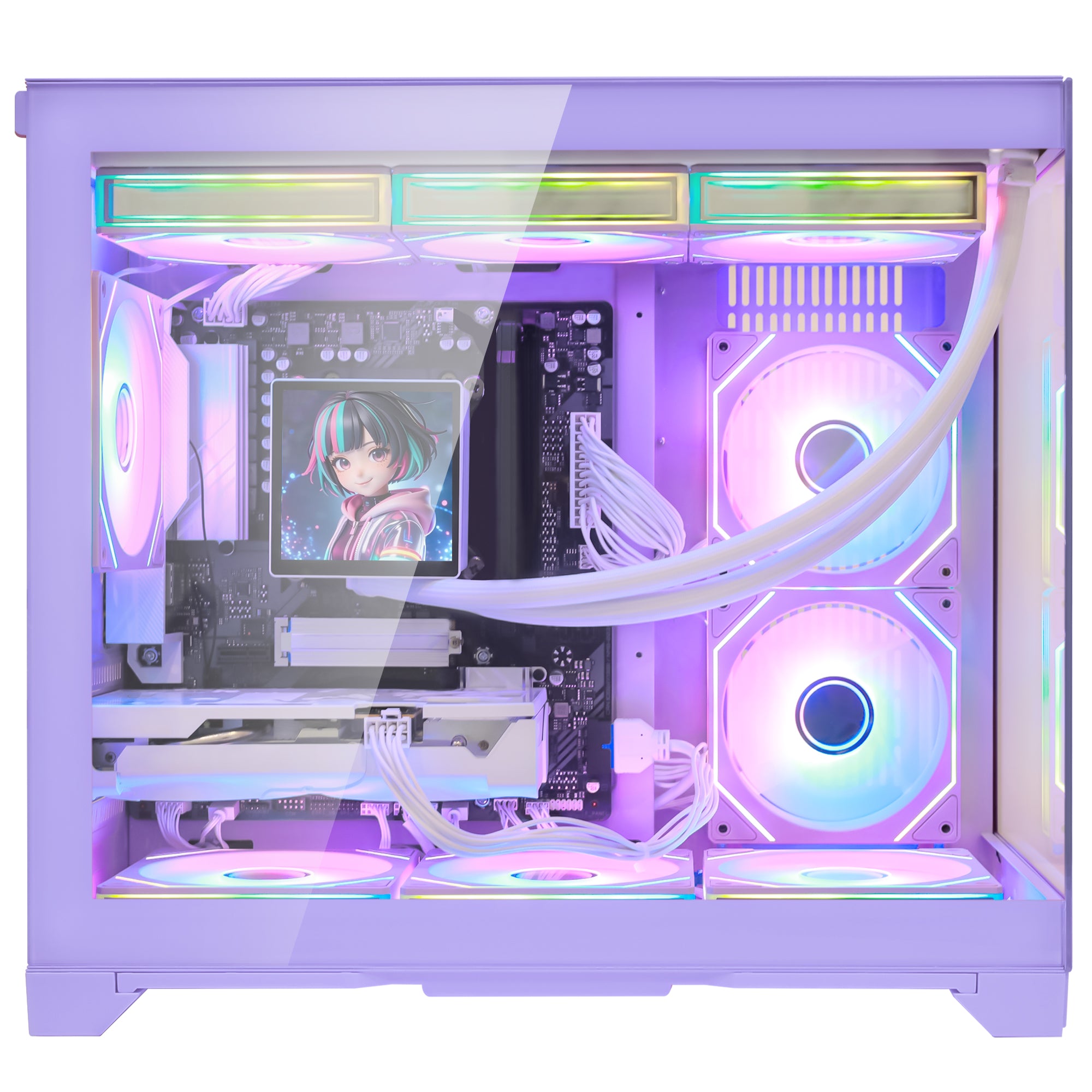 Hoengager Gaming PC RGB Color Straight Front view auto white RGB by software purple case Radeon RX 9060 XT 16GB AMD Ryzen 7 9800X3D Software Control RGB AIO LCD Cooler with Custom Images & GIFs