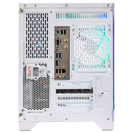 Hoengager White Gaming PC Rear I/O Panel and Motherboard Ports, Featuring Ryzen 7800X3D and GeForce RTX 5060 8GB Build