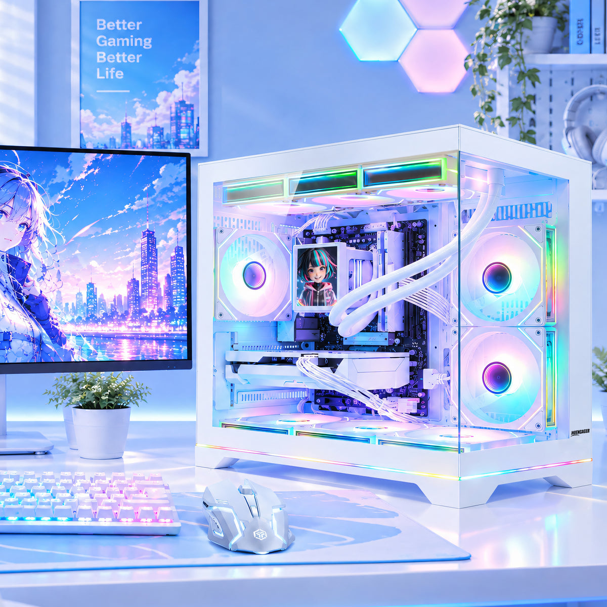 Hoengager White Gaming PC Desk Setup with Monitor, Keyboard, and Mouse, Featuring Ryzen 7800X3D and GeForce RTX 5060 8GB