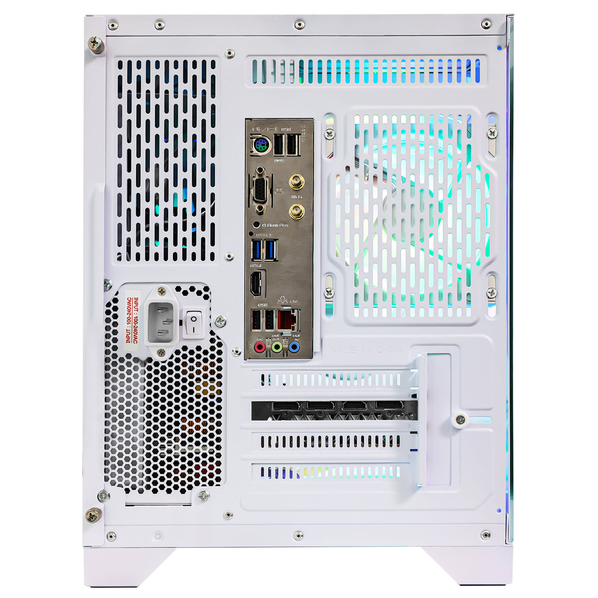 Hoengager White Gaming PC Rear I/O Panel and Motherboard Ports, Featuring Ryzen 7800X3D and GeForce RTX 5070 Ti 16GB Build