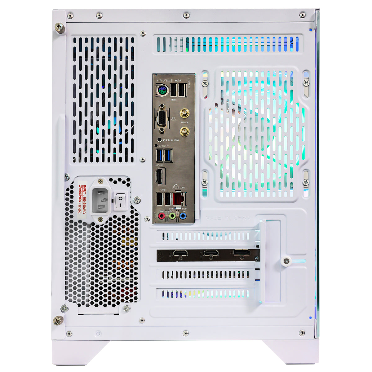Hoengager White Gaming PC Rear I/O Panel and Motherboard Ports, Featuring Ryzen 7800X3D and Radeon RX 9060 XT 16GB Build