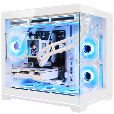 Hoengager Custom Prebuilt Gaming PC in White Chassis with Ryzen 7800X3D, Radeon RX 9070 XT 16GB, and Pink ARGB Illumination