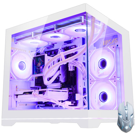 Hoengager White Gaming PC Bundle View with Matching Gaming Mouse, Powered by Ryzen 7800X3D and Radeon RX 9070 XT 16GB