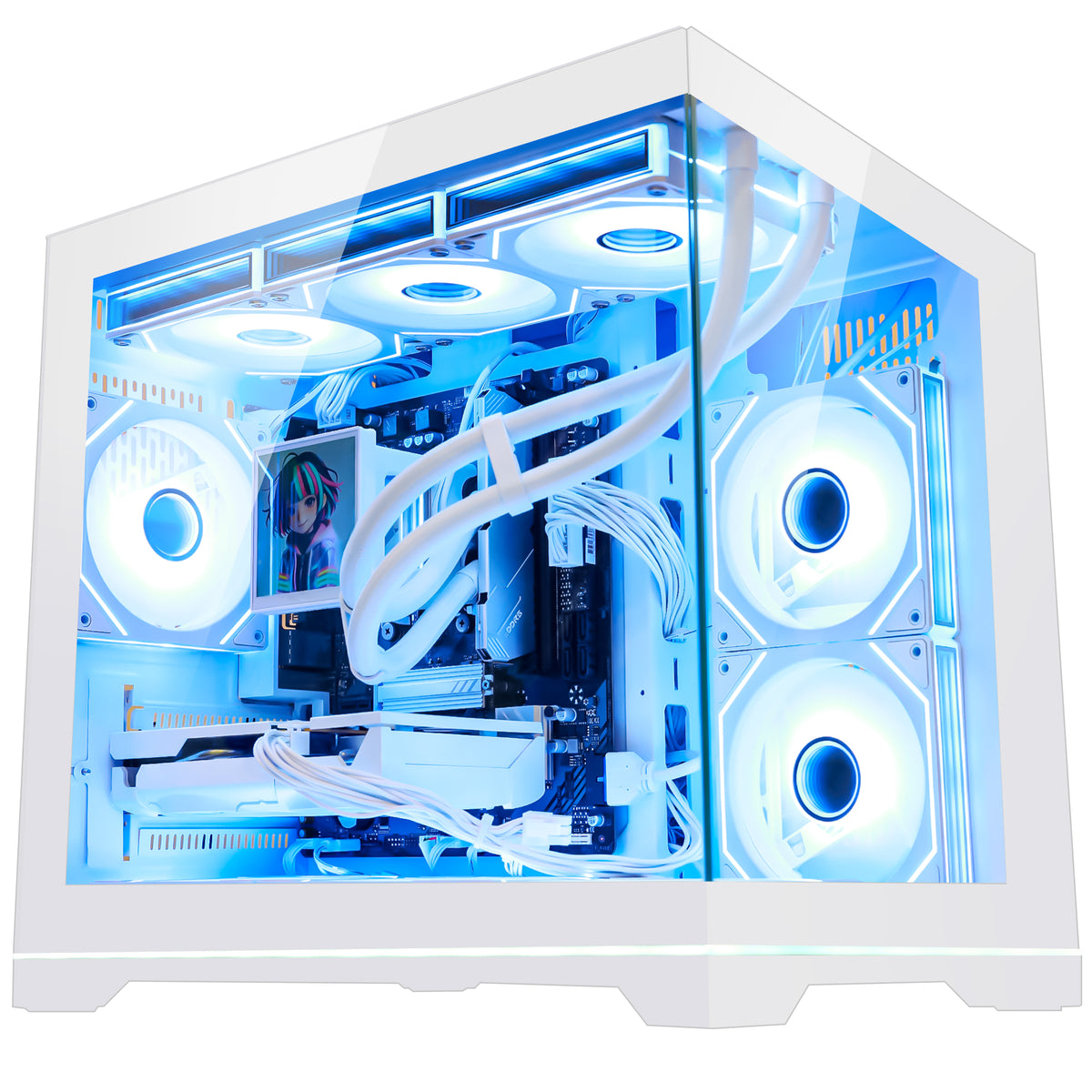 Hoengager Panoramic White Gaming Desktop with Ryzen 9600X, GeForce RTX 5060 Ti 8GB, and Vibrant Blue ARGB Lighting