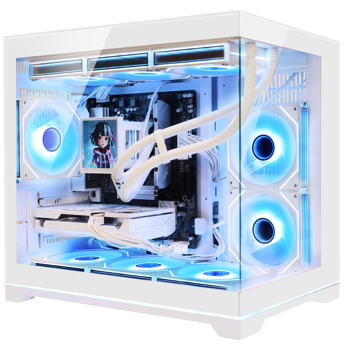 Hoengager Custom Prebuilt Gaming PC in White Chassis with Ryzen 9600X, GeForce RTX 5060 Ti 8GB, and Pink ARGB Illumination
