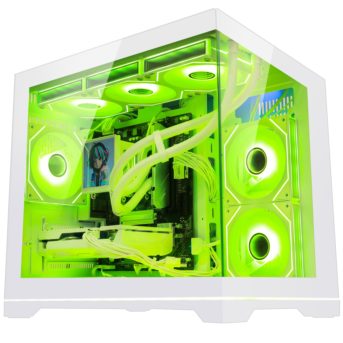 Hoengager High-Performance Gaming PC Featuring Ryzen 9600X, GeForce RTX 5060 Ti 8GB, and Striking Neon Green Interior Lighting