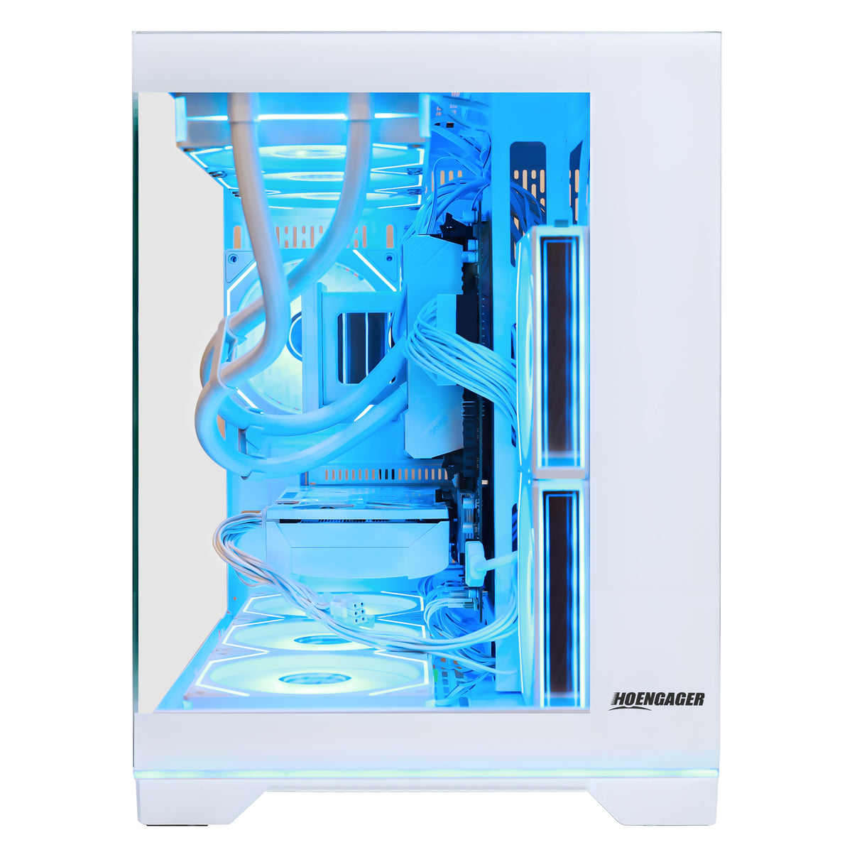 Hoengager White Dual-Chamber Gaming Desktop Side Profile, Equipped with Ryzen 9600X and GeForce RTX 5060 Ti 8GB Graphics