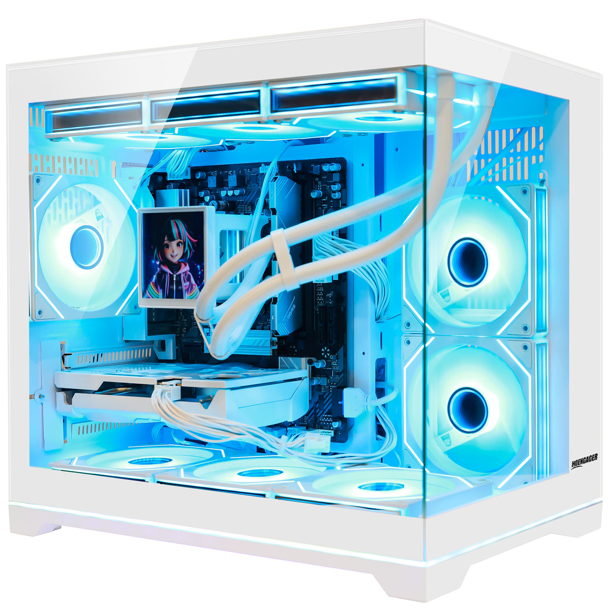 Hoengager White Tempered Glass Gaming Rig Featuring Ryzen 9600X, GeForce RTX 5060 Ti 8GB, and Cool Blue Lighting Setup