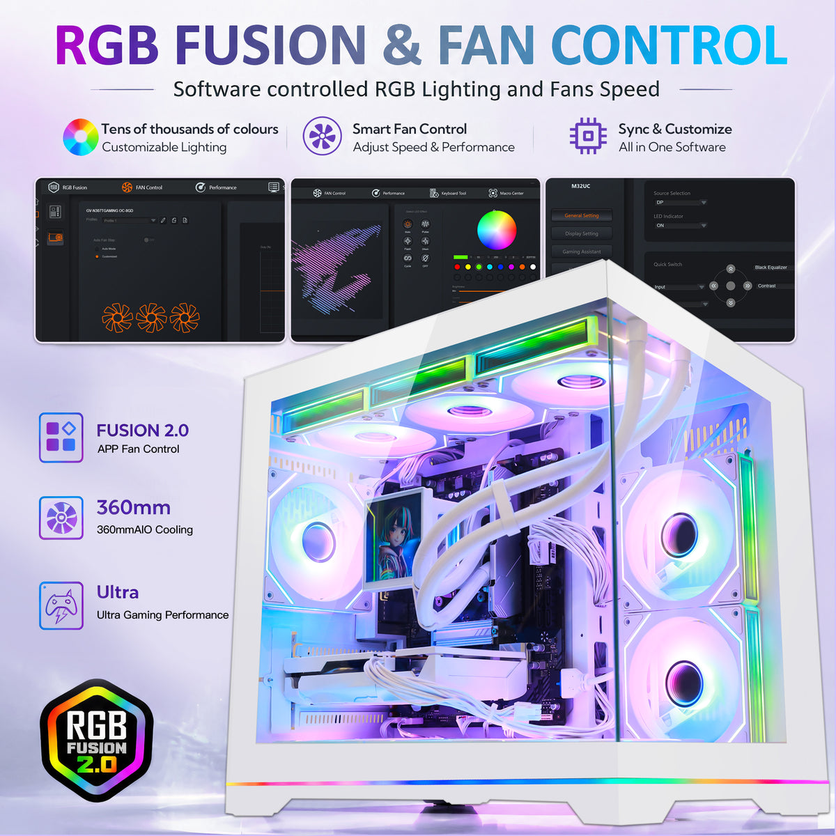 Hoengager Gaming PC RGB Fusion and Fan Control Software Interface Feature Showcase for Ryzen 9600X and GeForce RTX 5060 Ti 8GB Systems