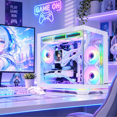 Hoengager Gaming PC Lifestyle Room Setup with Neon Lighting, Ryzen 9600X, and GeForce RTX 5060 Ti 8GB High-End Rig