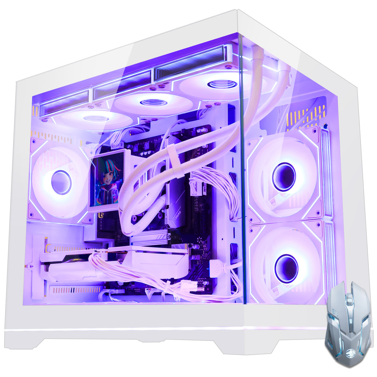 Hoengager White Gaming PC Bundle View with Matching Gaming Mouse, Powered by Ryzen 9600X and GeForce RTX 5060 Ti 8GB