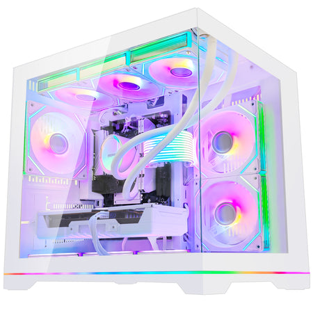 Custom white HOENGAGER gaming computer with Ryzen 9600X and RX 9070 GRE 12GB, showcasing vibrant rainbow software ARGB.