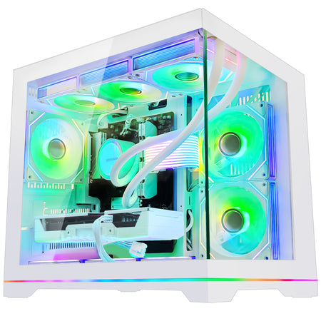 HOENGAGER white prebuilt gaming PC highlighting Radeon RX 9070 GRE 12GB and Ryzen 9600X performance with dynamic green software ARGB.