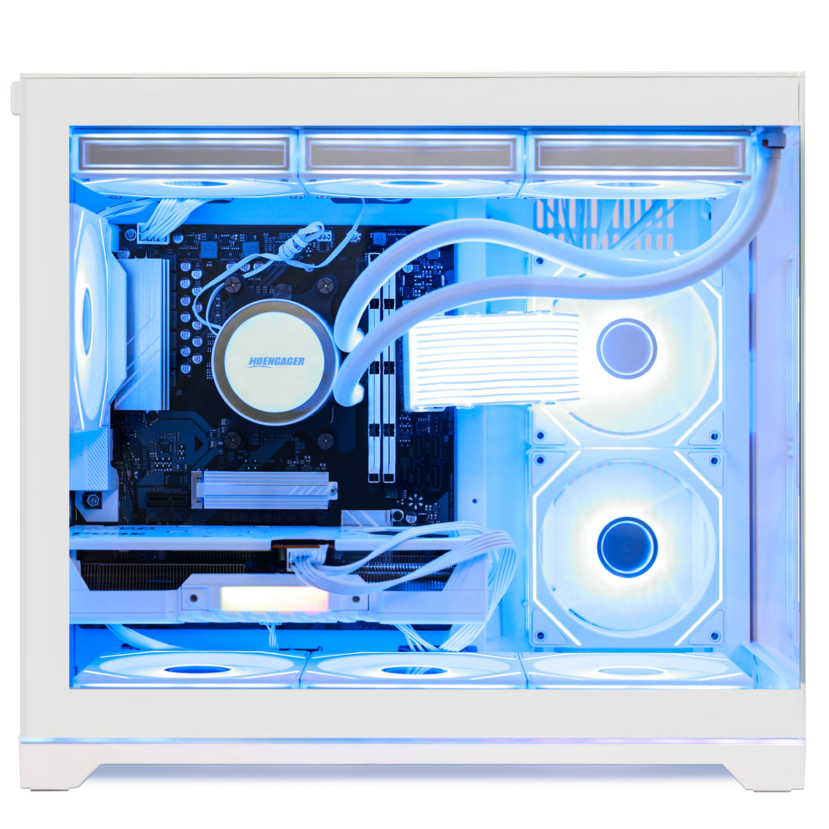 Clean internal build of HOENGAGER white gaming desktop with Ryzen 9600X and RX 9070 GRE 12GB, accented by bright blue software ARGB.