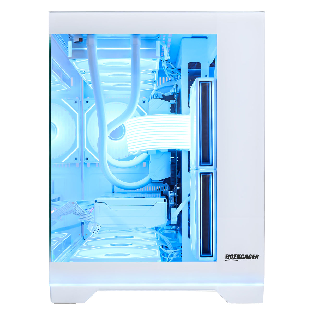 Front glass view of HOENGAGER white gaming PC displaying cooling fans, blue software ARGB, and a powerful Ryzen 9600X with RX 9070 GRE 12GB build.