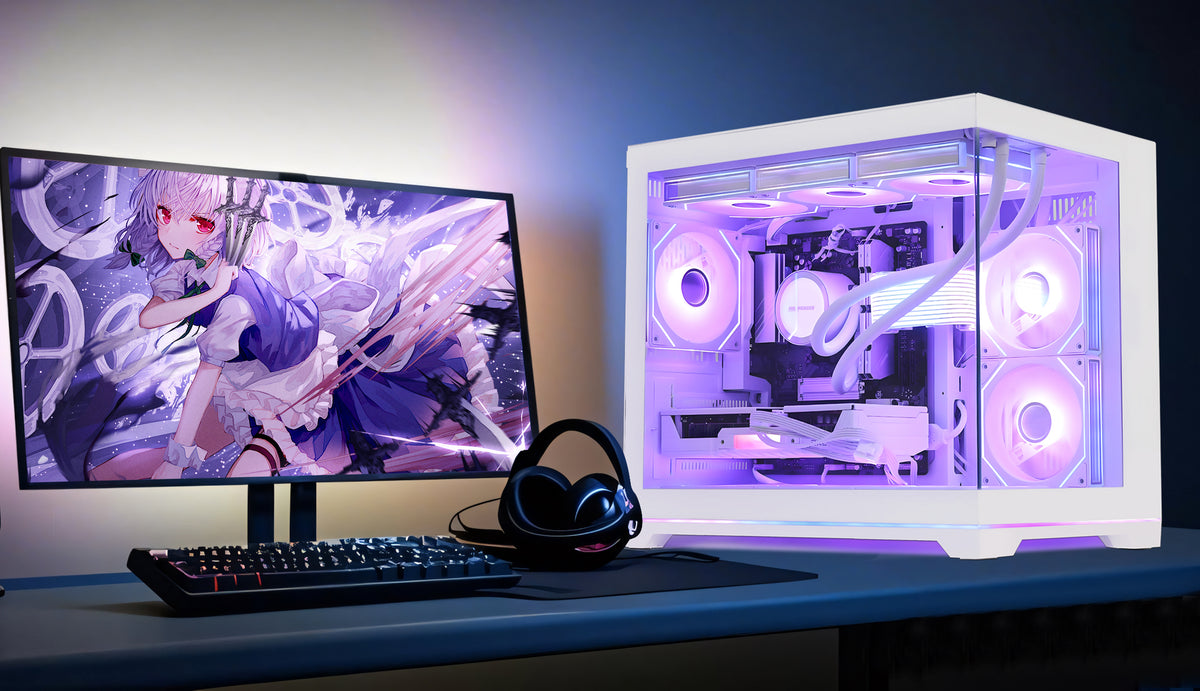 Gaming desk setup highlighting the HOENGAGER white PC with Ryzen 9600X, RX 9070 GRE 12GB, and immersive purple software ARGB lighting.