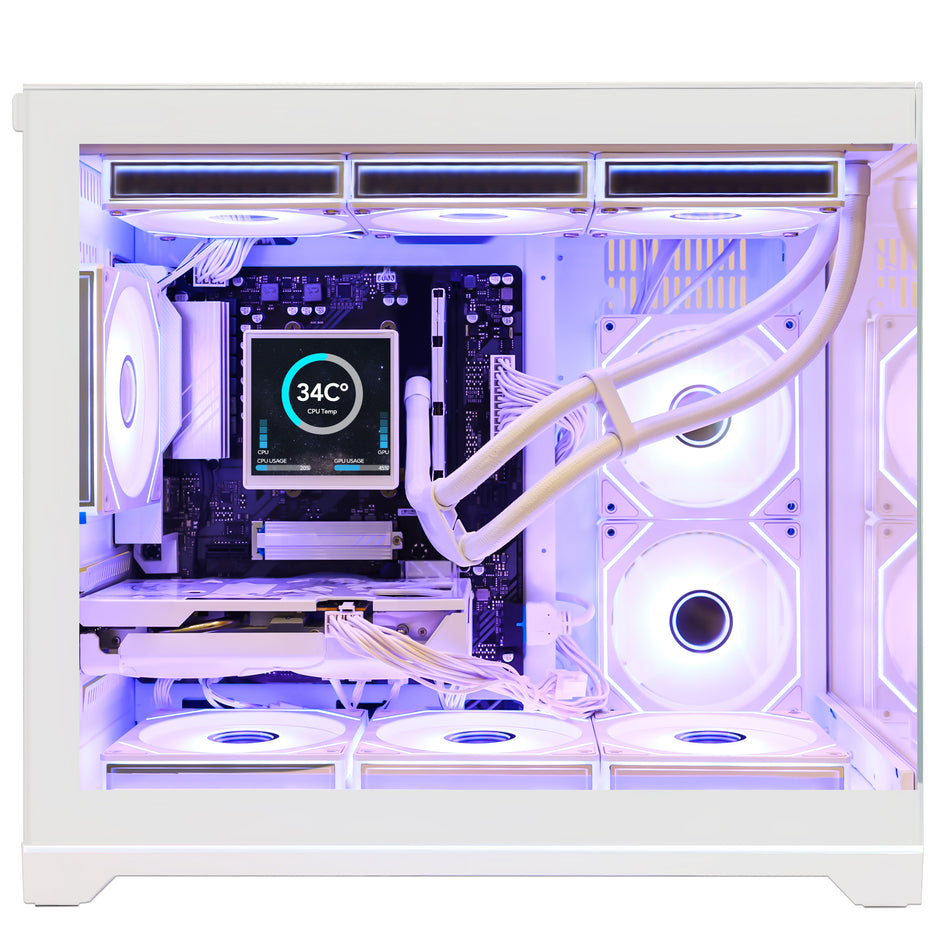 Hoengager White Gaming PC Front Side View with Ryzen 9700X and GeForce RTX 5060 8GB Featuring AIO Liquid Cooling CPU Temperature Display