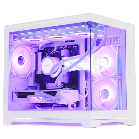 HOENGAGER white panoramic gaming PC equipped with Ryzen 9700X and RX 9070 GRE 12GB, illuminated by purple software ARGB.