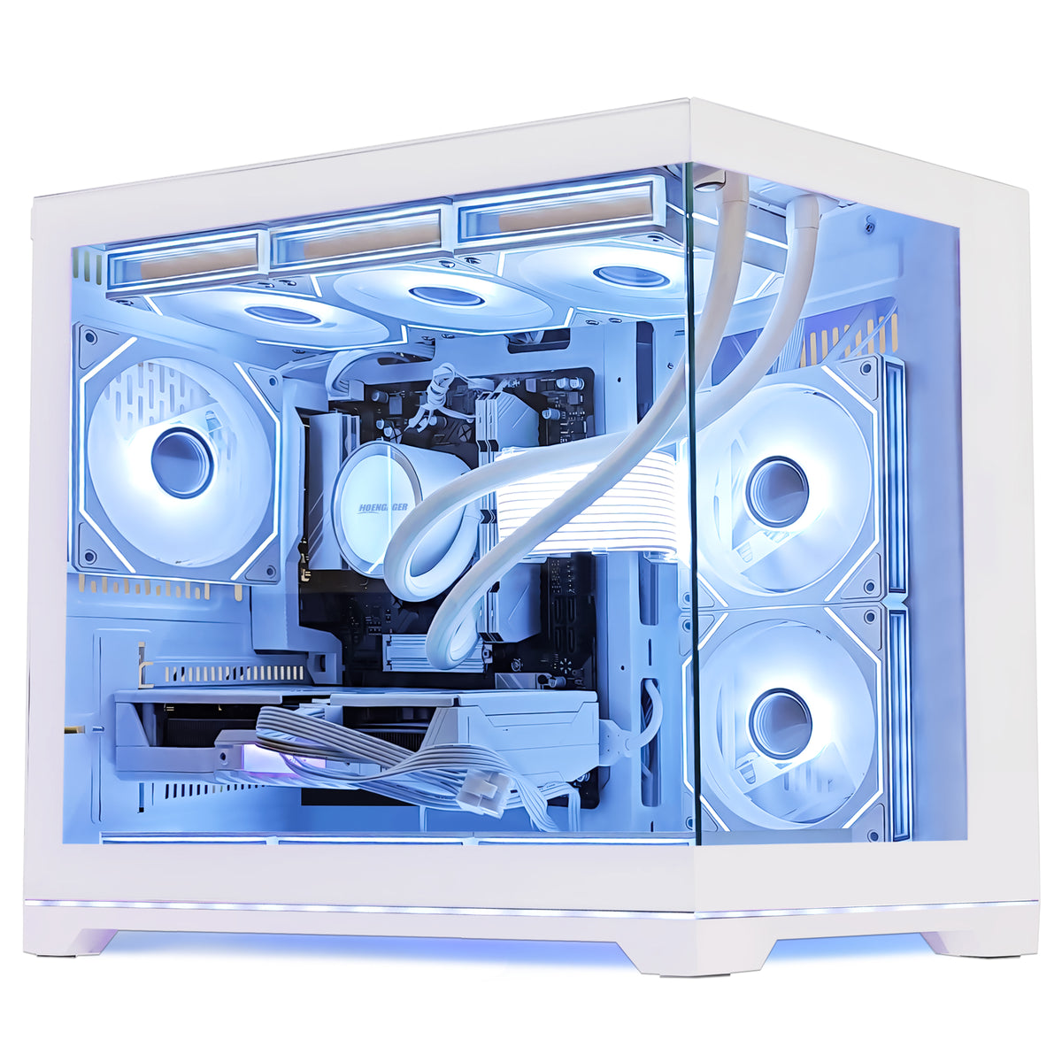HOENGAGER white gaming desktop featuring liquid cooling, Ryzen 9700X, RX 9070 GRE 12GB, and cool blue software ARGB lighting.