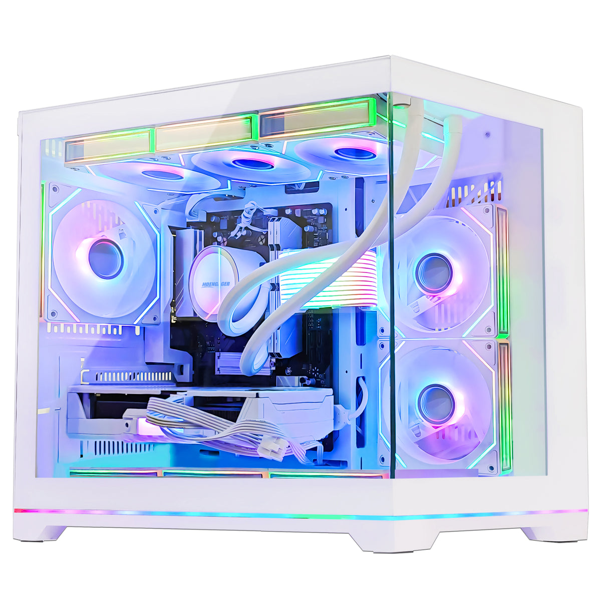 Side view of HOENGAGER white gaming PC with AIO liquid cooler, Ryzen 9700X, RX 9070 GRE 12GB, and elegant purple-blue software ARGB.