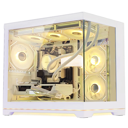 Modern HOENGAGER white desktop computer displaying warm gold software ARGB, powered by Ryzen 9700X and RX 9070 GRE 12GB.