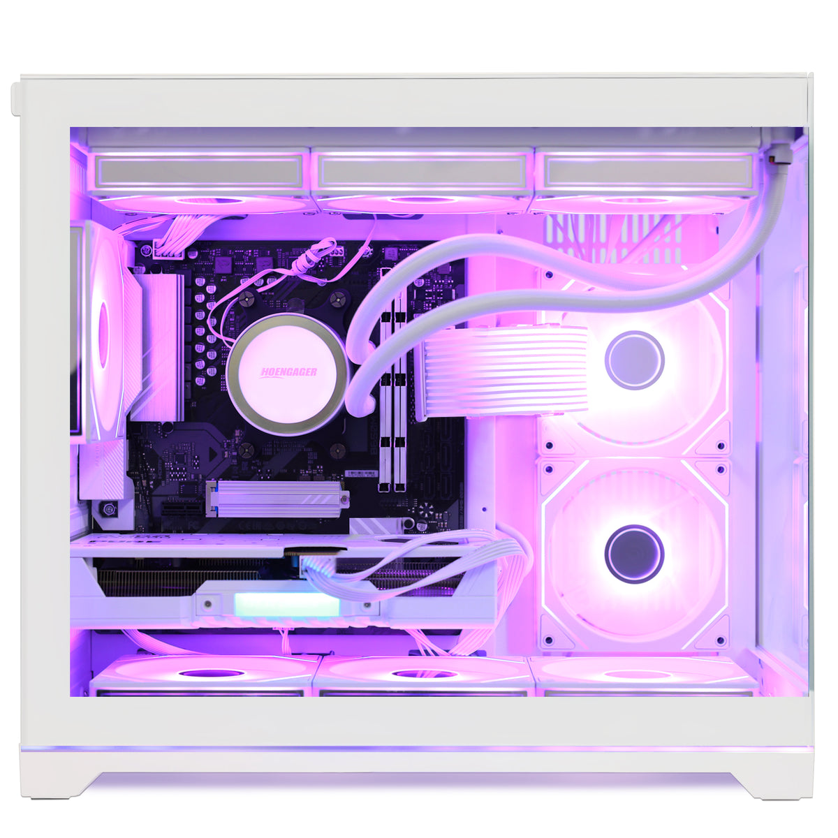 HOENGAGER white gaming PC interior layout featuring Ryzen 9700X, RX 9070 GRE 12GB, and glowing pink software ARGB effects.