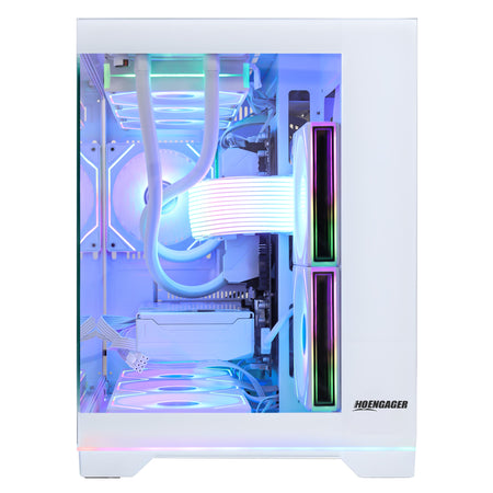 Front view of HOENGAGER white gaming desktop showcasing Ryzen 9700X and RX 9070 GRE 12GB behind panoramic glass with pastel software ARGB.