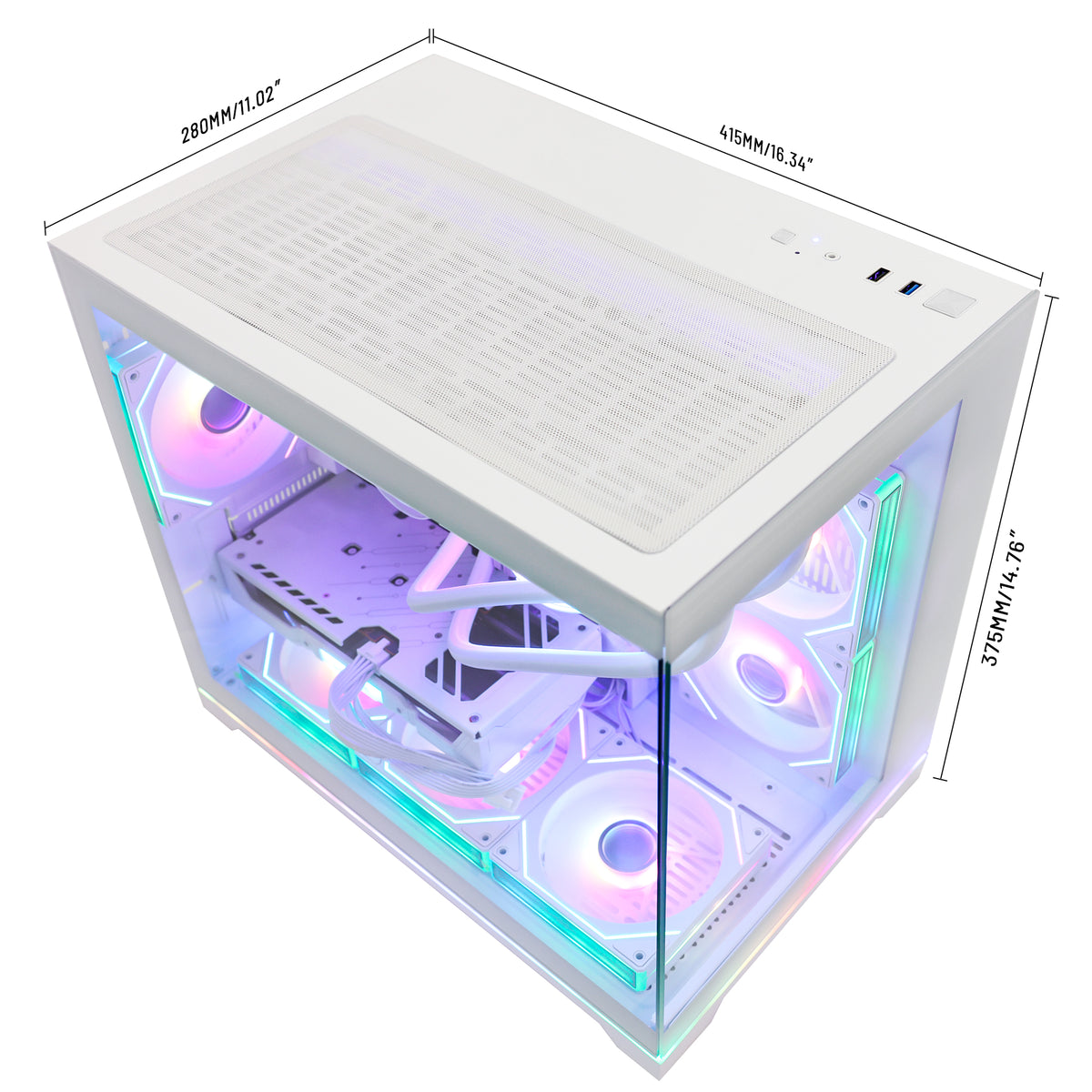 HOENGAGER white gaming PC dimension diagram showing measurements (415mm length, 280mm width, 375mm height) with internal software ARGB.