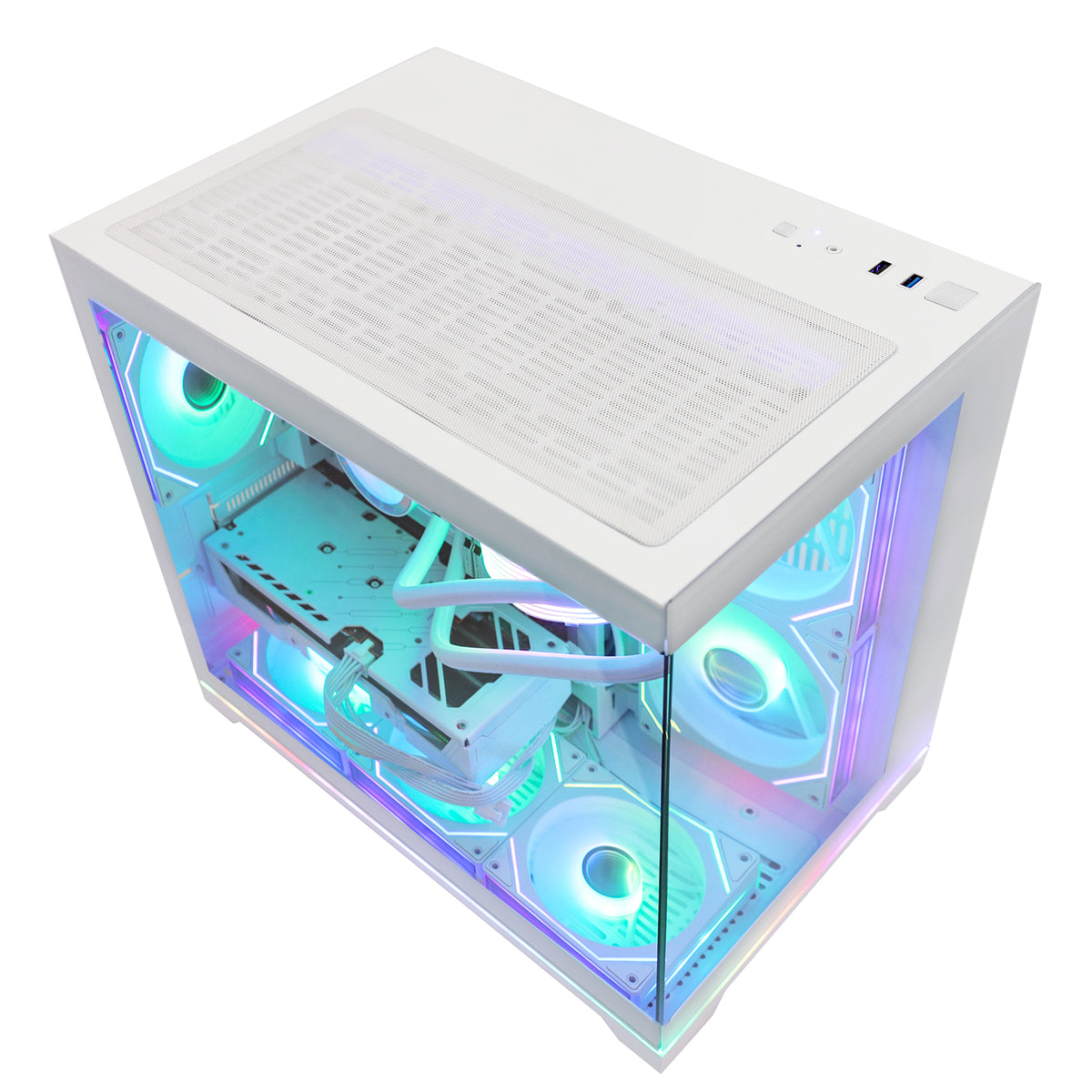 Top-down angled view of HOENGAGER white gaming computer featuring mesh top panel, Ryzen 9700X, and cyan software ARGB.