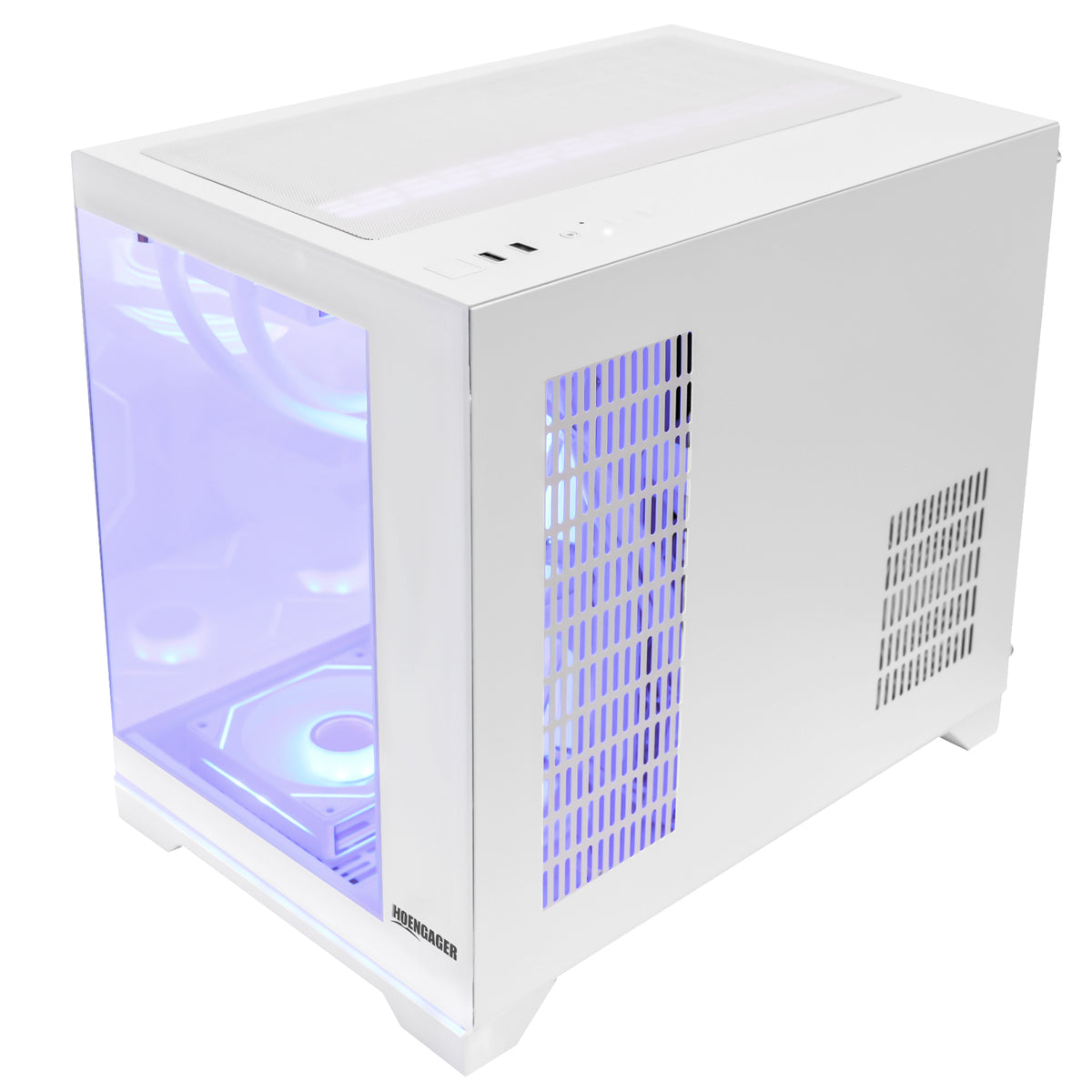 Right rear angle of HOENGAGER white mid-tower gaming case highlighting the ventilated side panel and clean minimalist design.