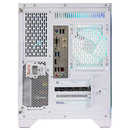Rear I/O panel of HOENGAGER white gaming PC displaying motherboard connections, power supply input, and RX 9070 GRE 12GB ports.