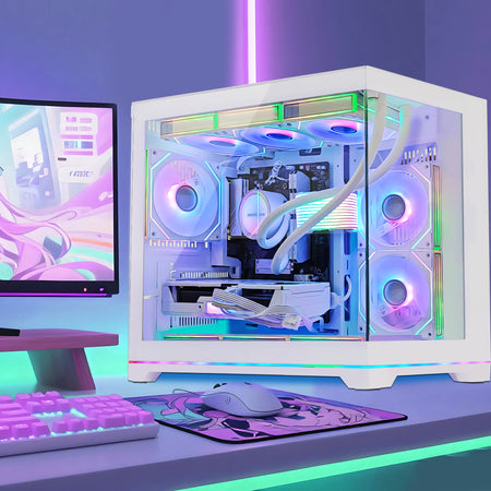 HOENGAGER white panoramic gaming desktop on a desk setup, featuring Ryzen 9700X performance and vibrant multi-color software ARGB.